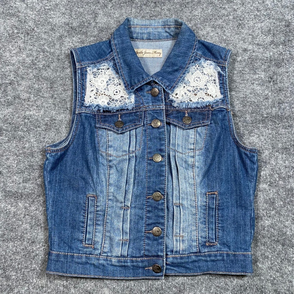 Apollo‎ Jeans Missy Womens Blue Denim Lace Back Vest Medium Wash Floral Size M